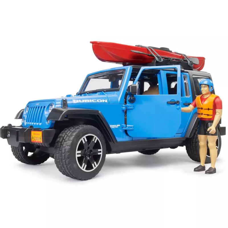 Žaislinis modelis BRUDER Jeep Wrangler Rubicon Unlimited su baidare ir figūrėle BR-02529