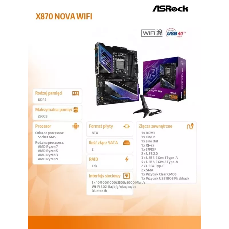 Motininė plokštė ASRock X870 NOVA WIFI — AMD X870, Socket AM5, ATX, 4× DIMM DDR5, 256GB, Wi‑Fi 7, 5GbE