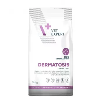 Sausas šunų ėdalas VETEXPERT Dermatosis Ėriena su kriliumi 12 kg – veterinarinė dieta odos problemoms