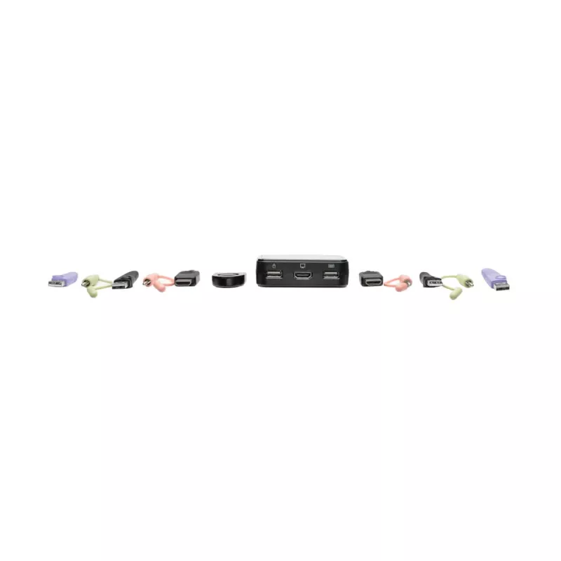 Eaton Tripp Lite serijos 2 prievadų USB/HD kabelių KVM jungiklis su garsu ir vaizdu, kabeliais bei USB įrenginių dalijimusi