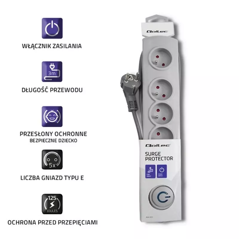 Apsauginis filtras Qoltec 50272 pilkas 5 AC lizdai 230V 3m