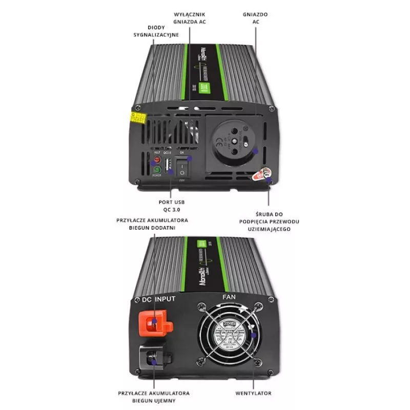 Automobilinis keitiklis Qoltec Monolith 2000 W juodas 12 V