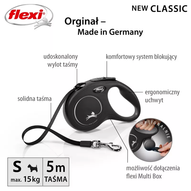 Flexi New CLASSIC 5 m Juodas Šunų Automatinis Pavadėlis