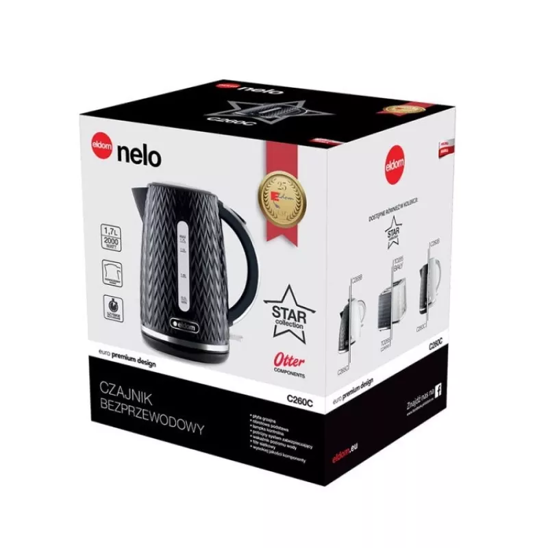 NELO virdulys, talpa 1,7 l, galia 2000 W, juodas