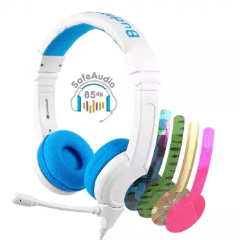 Belaidės ausinės BuddyPhones School+ – lankelis, apgaubiančios, 20–20000 Hz, 1,4 m laidas, mėlyna/balta
