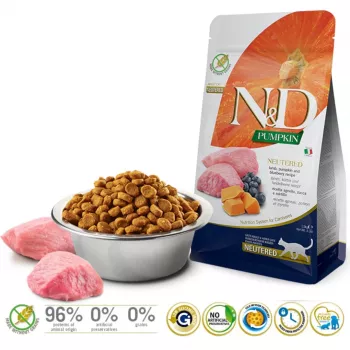 FARMINA N&D Pumpkin Cat Ėriena ir Mėlynės Neutered Adult - sausas kačių ėdalas - 1,5 kg