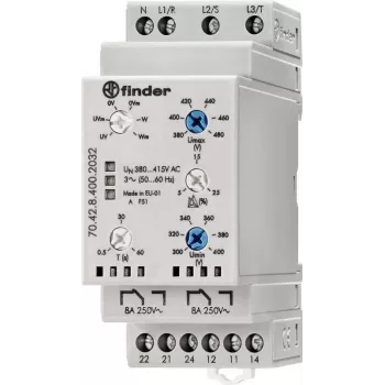 Finder tinklo stebėjimo relė 70.42.8.400.2032 70.42.8.400.2032 trifazė įtampos stebėjimo relė (380–415 V kintamoji srovė), nulinio laidininko stebėjimas