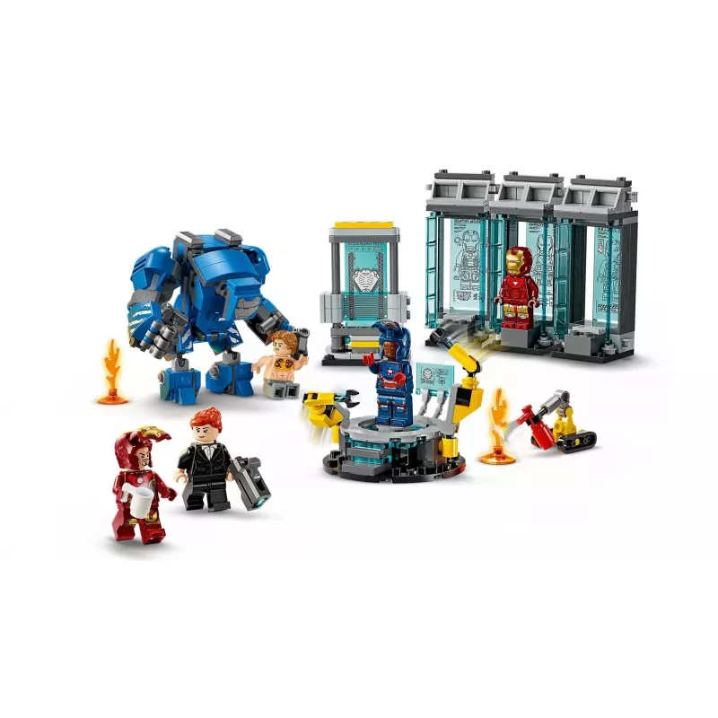 LEGO Marvel rinkinys Geležinio žmogaus laboratorija Šarvų salė 76315 — 384 detalės, 5 minifigūrėlės, ekspozicinė zona