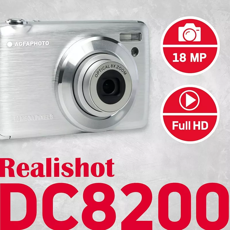Agfa Photo DC8200 Sidabrinis su dėklu ir SD 16 GB kortele