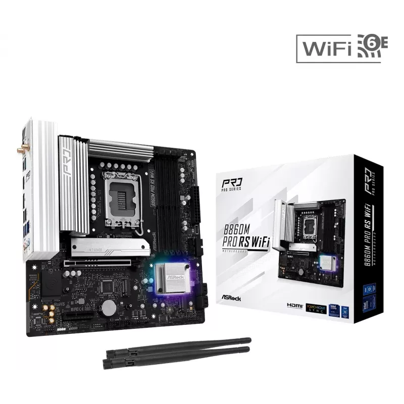 Motininė plokštė ASRock B860M Pro RS WiFi — Intel B860, LGA 1851, micro ATX, DDR5, 4 lizdai, 3x M.2, 2,5Gb LAN, Wi‑Fi, Bluetooth
