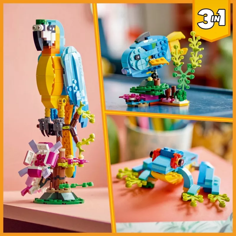 LEGO statybinis rinkinys Egzotiška papūga 31136 — Creator modelis, 253 detalės, 220×120×110 mm