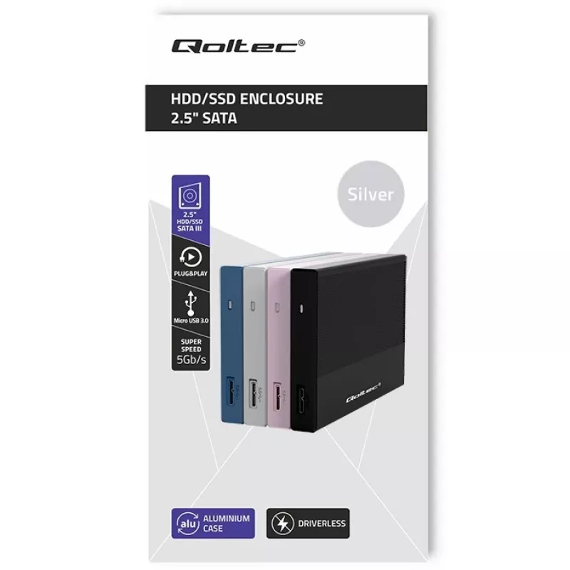 Išorinis korpusas 2,5 colio SATA SSD/HDD QOLTEC 52278 USB 3.0, palaiko iki 2 TB