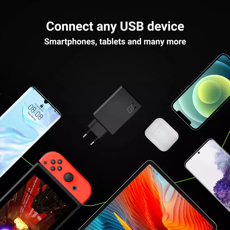 Green Cell CHARGC03 30W sieninis įkroviklis su 3 USB prievadais, juodas