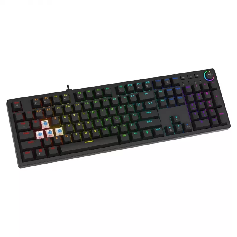 Žaidimų klaviatūra SAVIO STYX BROWN – mechaninė su Outemu Brown jungikliais, QZERTY US International, RGB, USB, pilno dydžio 104 klavišai, juoda