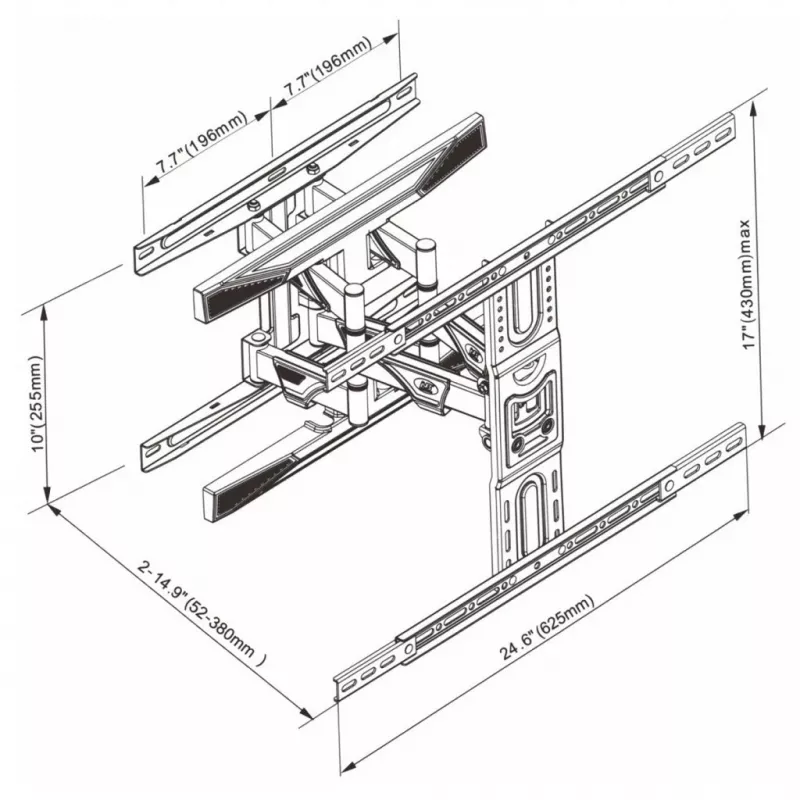 ART sieninis laikiklis televizoriui 40–75 colių, iki 45 kg, pakreipiamas ir pasukamas, aukštis 52–380 mm, VESA 600x400