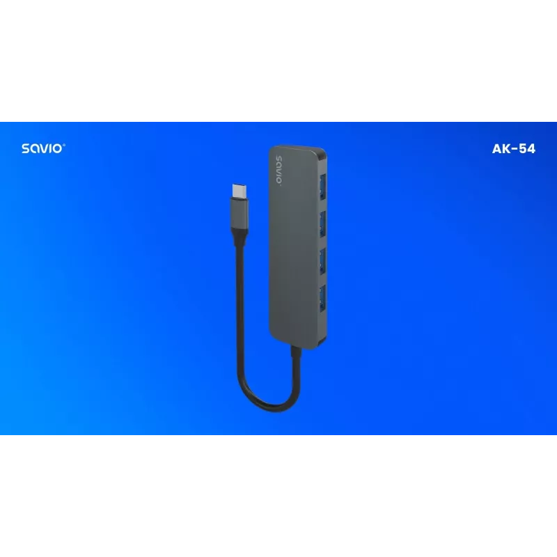 USB šakotuvas SAVIO AK-54 — 4× USB-A (USB 3.2 Gen 1), USB-C jungtis, juodas