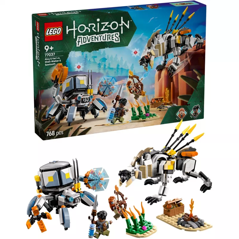 LEGO rinkinys Horizon Adventures 77037 – Aloy ir Varl prieš Šarvojėją ir Dantytį, 768 dalių, 2 minifigūrėlės