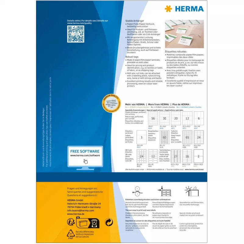 HERMA Robust etiketės A4 52,5x93,5 mm balto popieriaus nelipnios 1200 vnt.