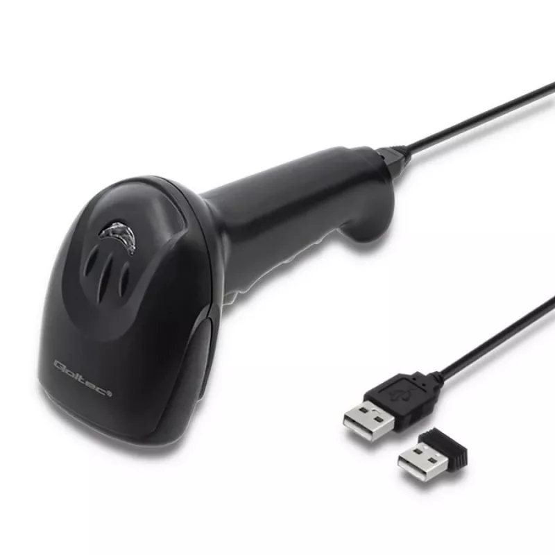 Nešiojamas brūkšninių kodų skaitytuvas QOLTEC 50868 – 1D/2D lazerinis skaitytuvas, USB laidinis ir belaidis, veikimo atstumas 600 mm, juodas