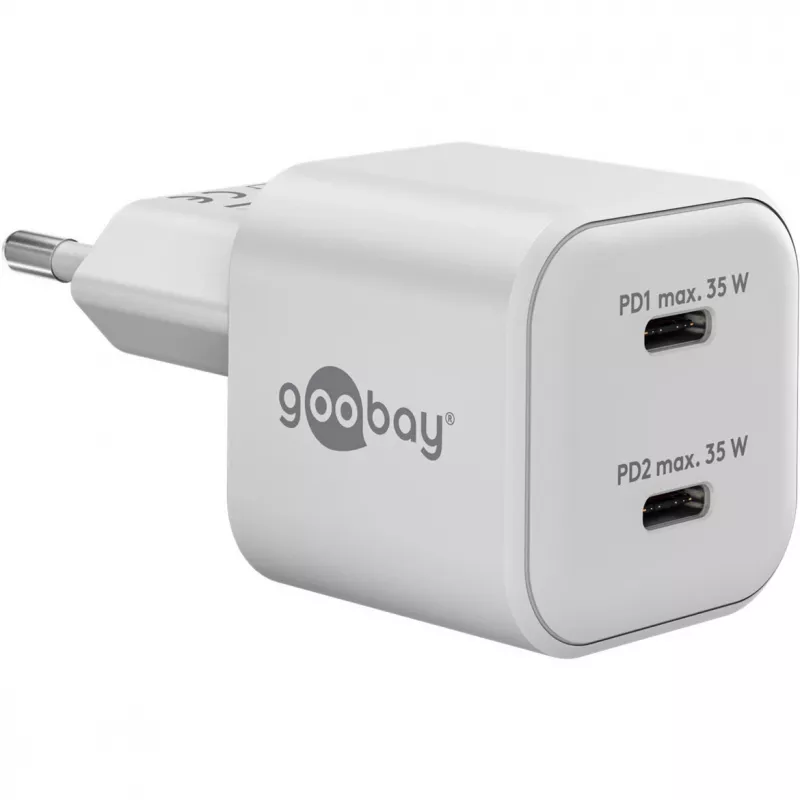 USB-C dvigubas greitas įkroviklis Nano, PD, GaN, 35 W (baltas, 2x USB-C, Power Delivery 3.0)