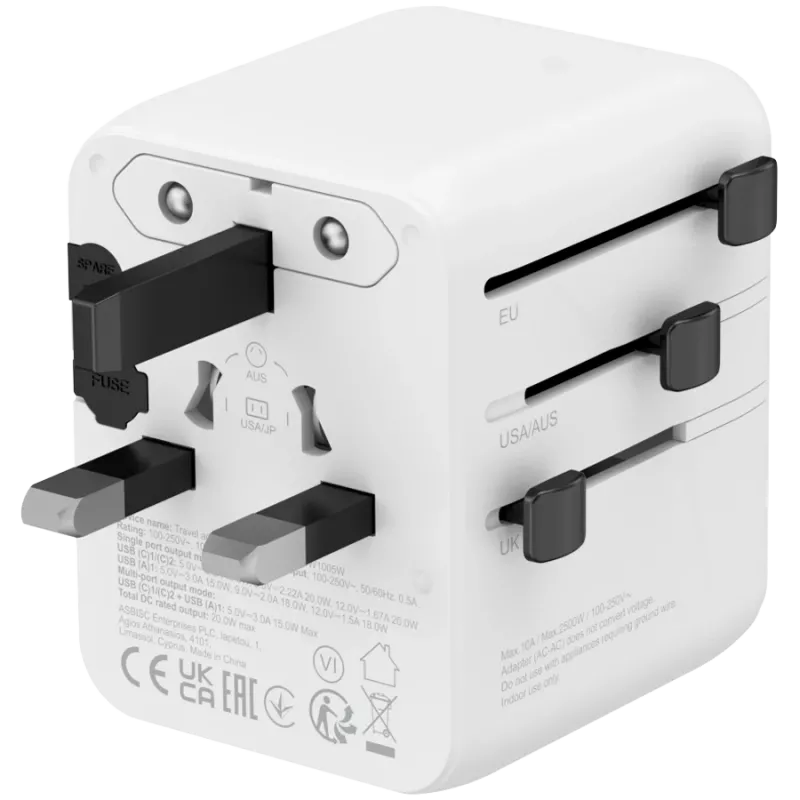 CANYON Travel Adapter OnTour 20 EU/UK/US/AUS 20W Baltas