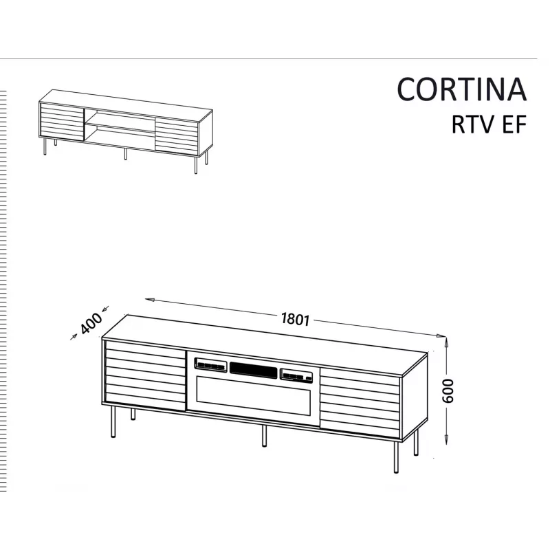 TV spintelė Cama Meble EF CORTINA 180×40×60 cm, juodas viršus, riešutmedžio spalvos rėmas