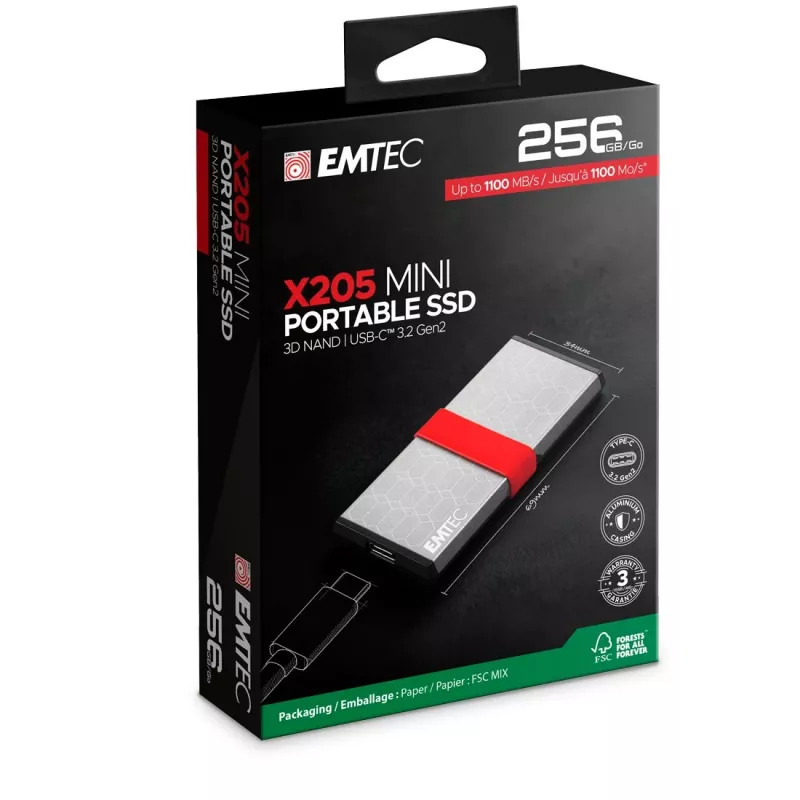 SSD Emtec X205 Mini 256GB USB-C 3.2 Gen 2x2 sidabrinis