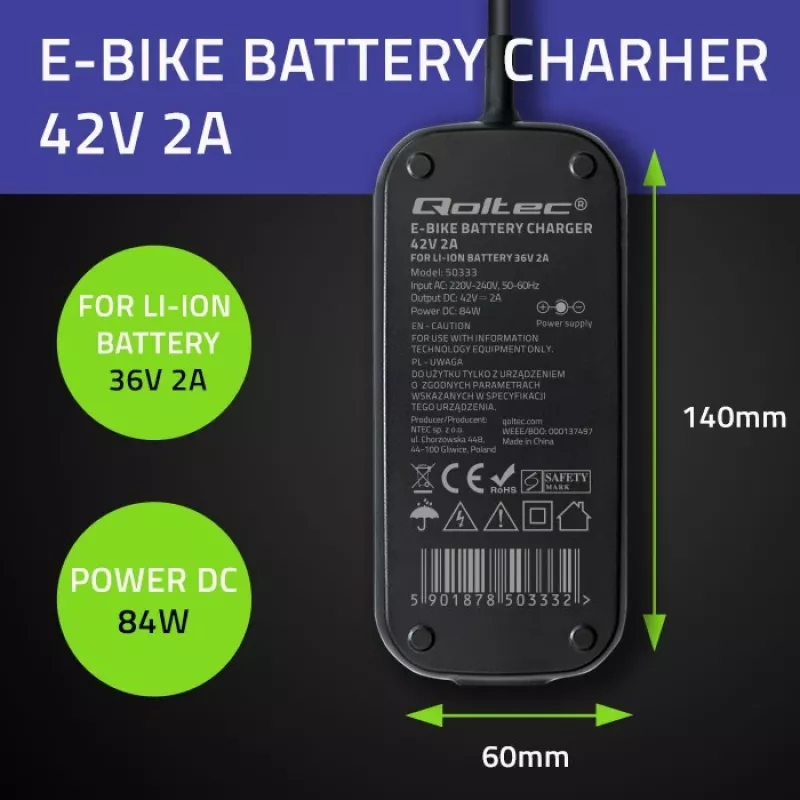 Qoltec greitasis įkroviklis 36V elektriniam paspirtukui ir dviračiui | 42V | 2A | 5,5*2,5 | atsparus vandeniui + maitinimo laidas