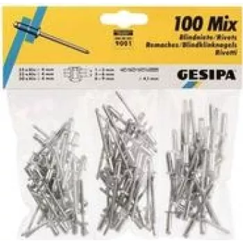 Kniedžių asortimentas GESIPA 100 vnt. modelis 1433667 (mišrūs dydžiai, aliuminis/plienas)