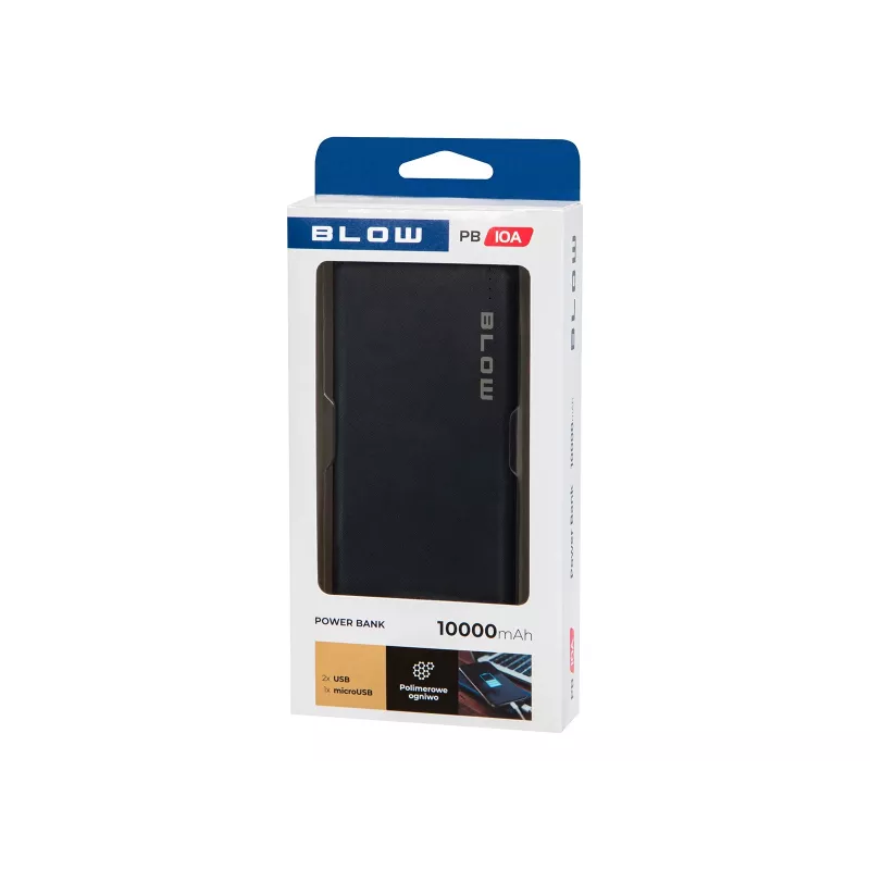 Nešiojamas power bank BLOW PB10A 10000 mAh polimerinė baterija, 2x USB-A išėjimai, 22,5 W bendra galia, Micro‑USB įėjimas, juoda