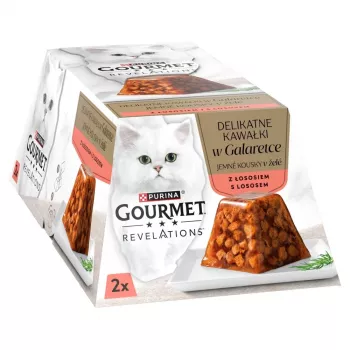Šlapias kačių ėdalas Purina Nestlé Gourmet Revelations gabaliukai drebučiuose su lašiša 2x57 g, suaugusioms katėms, pilnavertis pašaras