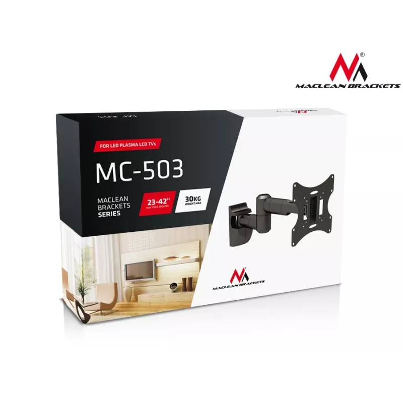 Laikiklis sieninis MACLEAN MC-503A S 23–42 colių ekranams, pakreipimas ±20°, VESA 75×75–200×200, 30 kg, sidabrinis