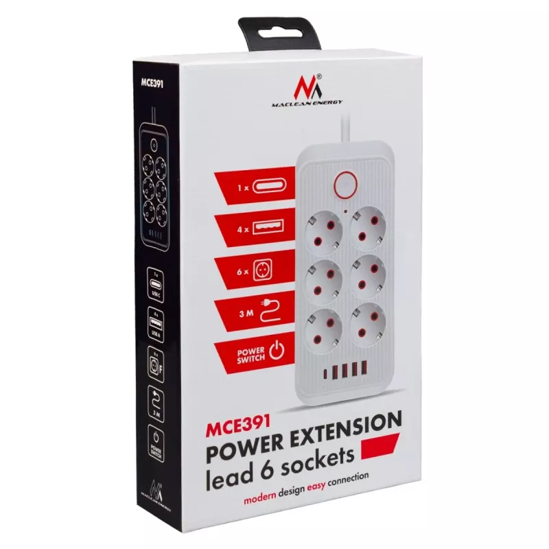 Maclean MCE391 B ilginimo lizdas – 6 kištukiniai lizdai, 4×USB-A + 1×USB-C, 110–240V, 2500W, 3 m laidas, juodas