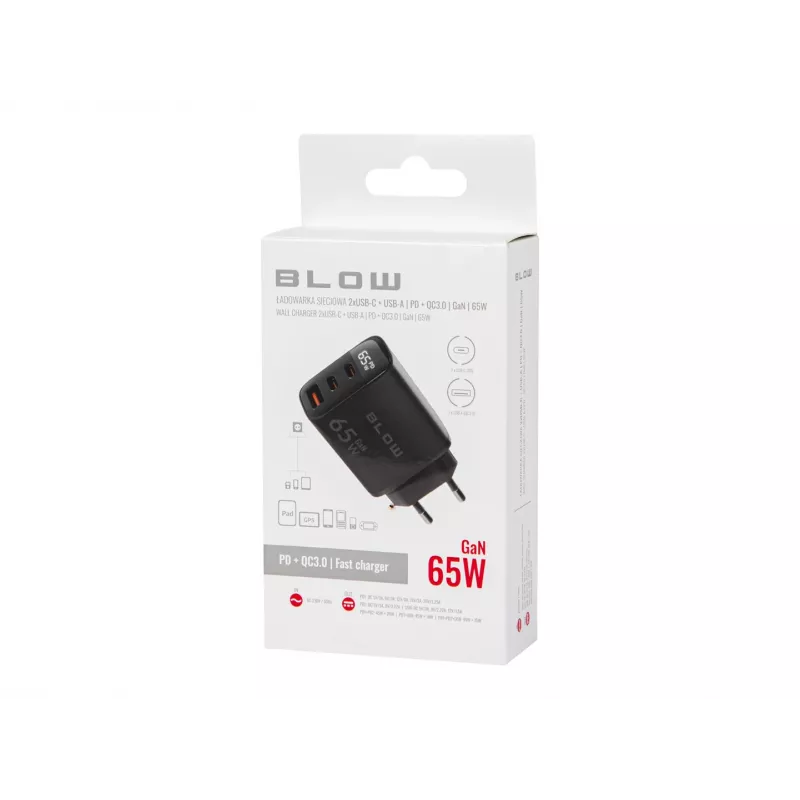 LCD sieninis įkroviklis su USB lizdu + 2x USB-C PD 65W GAN juodas vatmetras