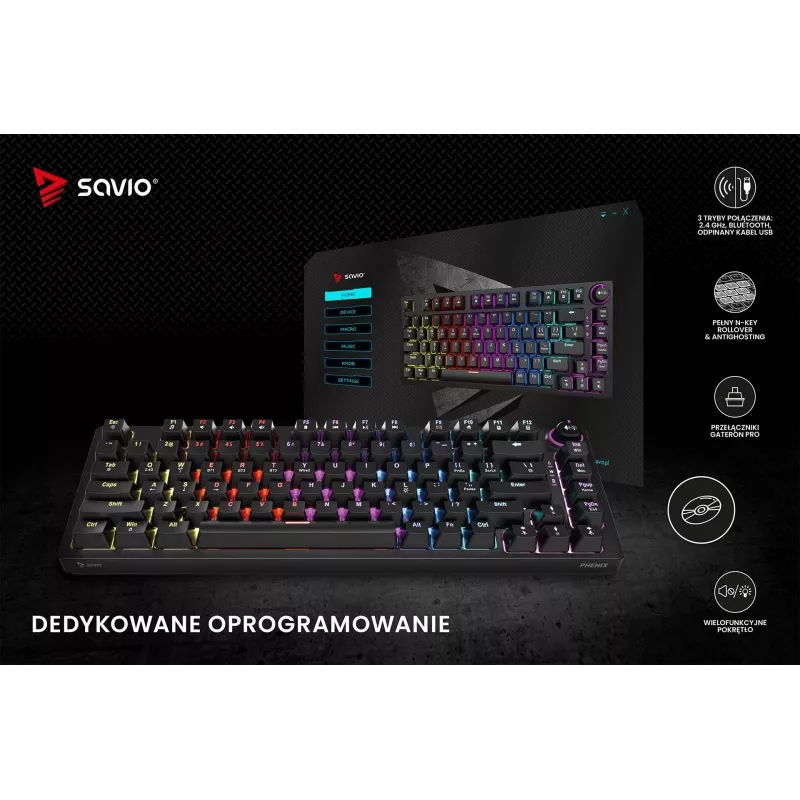 Savio Phenix SAVGK-RED belaidė mechaninė klaviatūra (82 klavišai, 75 %, Gateron Pro, RGB, RF 2,4 GHz / Bluetooth / USB)