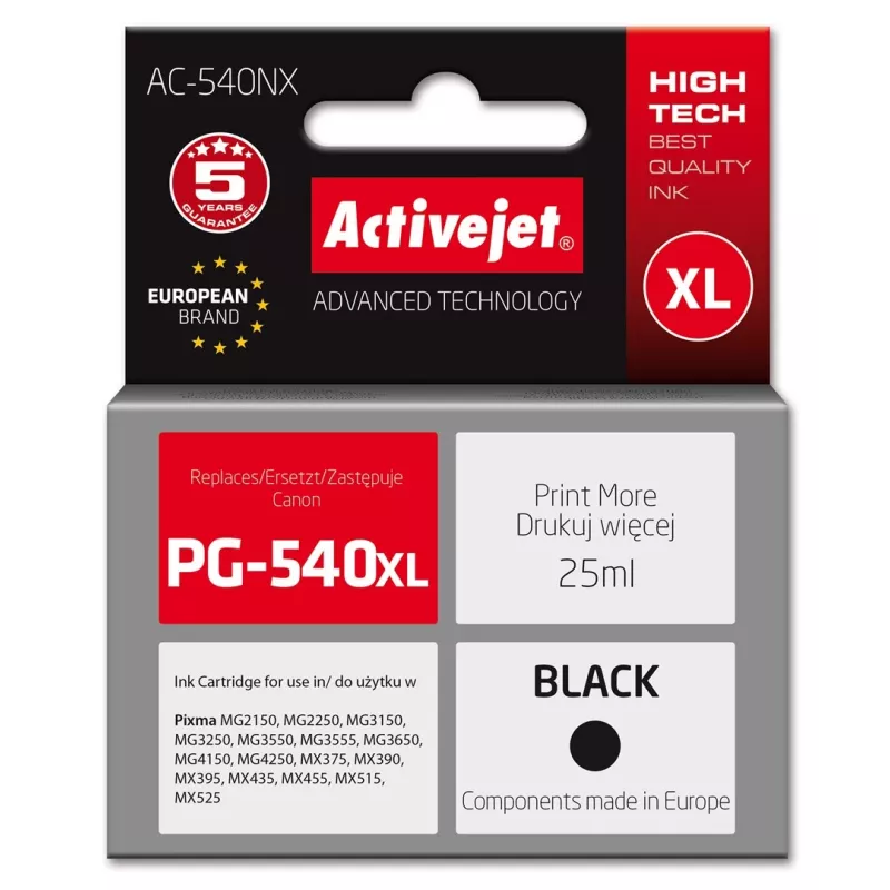 Rašalas Activejet AC-540NX, skirtas Canon spausdintuvui (Canon PG-540XL pakaitalas) Supreme, 25 ml, juodas