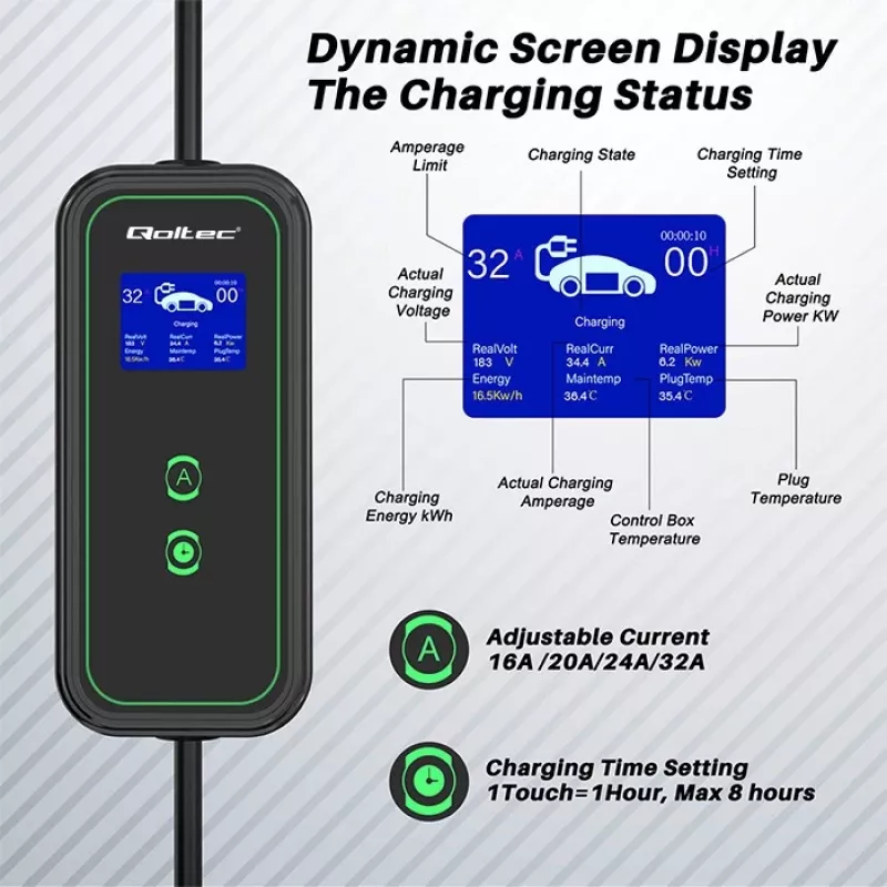 Qoltec Mobile EV automobilio įkroviklis reguliuojamas 2in1 Type2 | 7kW | 230V | CEE 3 kištukas | Wi-fi | LCD | Nešiojamas | Sieninis | 5m