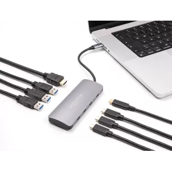 USB-C centrinis įrenginys DELOCK 64323 — USB 3.2 Gen 2 Type-C, HDMI + 2× USB-A + 2× USB-C, 10 Gbit/s, pilkas