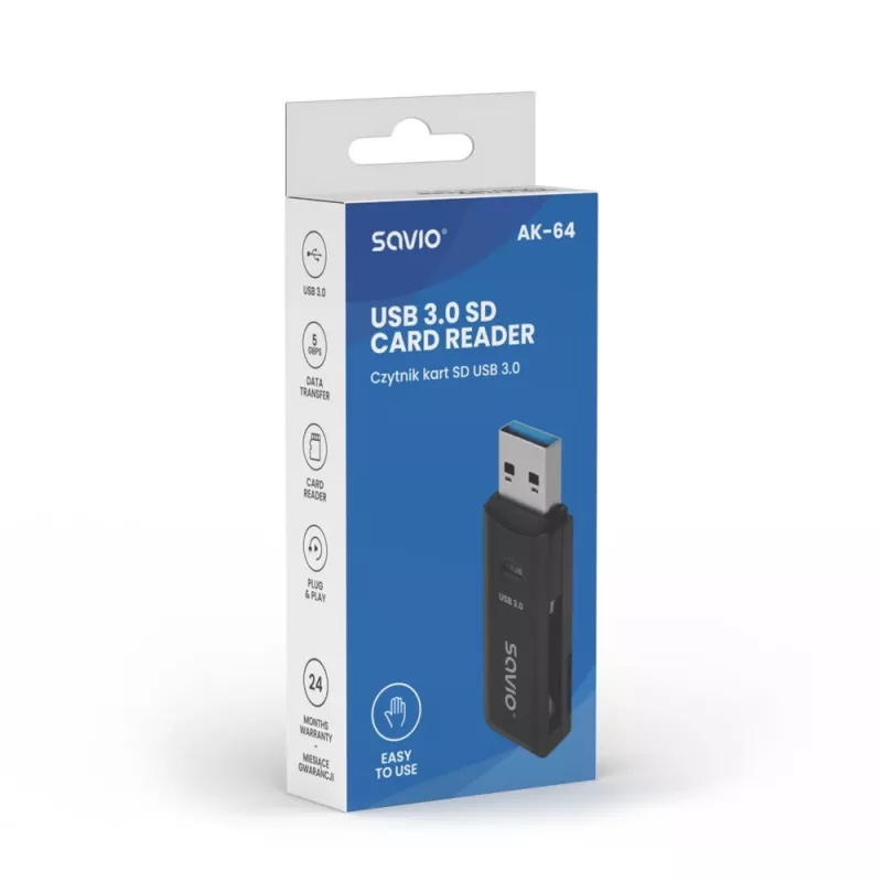 Kortelių skaitytuvas SAVIO AK-64 USB 3.2 Gen 1 Type-A, MicroSD lizdas, 5000 Mbit/s, juodas