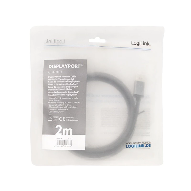 DisplayPort kabelis LogiLink CDA0101 2 m juodai pilkas