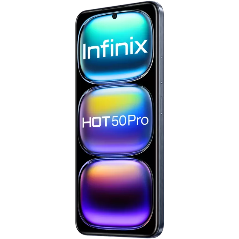 Išmanusis telefonas INFINIX HOT 50 PRO – 6,78 colio (17,2 cm) FHD+ ekranas, MediaTek Helio G100 Ultra, 8 GB RAM, 256 GB atminties, 50 MP kamera, Android 14, 5000 mAh baterija, Dual SIM, IP54, juodos spalvos