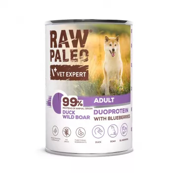 Šlapias šunų ėdalas VETEXPERT RAW PALEO Duoprotein Antis & Šernas suaugusiems 400 g, be grūdų, visoms veislėms