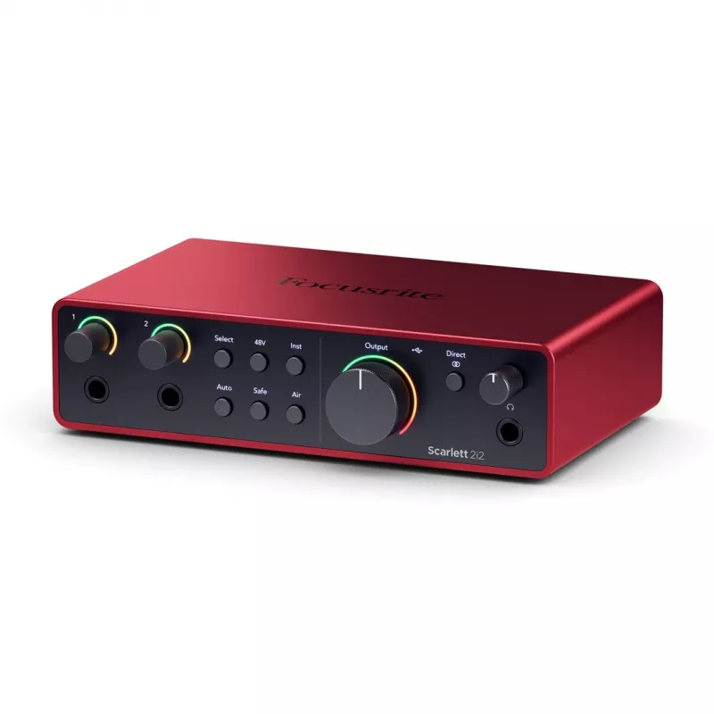 Audio sąsaja Focusrite Scarlett 2i2 4th Gen – 2 įėjimai / 2 išėjimai USB-C, 24 bitai / 192 kHz, 69 dB stiprintuvai, stalinė, juoda/raudona