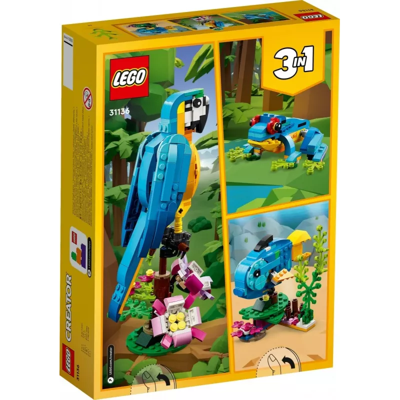 LEGO statybinis rinkinys Egzotiška papūga 31136 — Creator modelis, 253 detalės, 220×120×110 mm