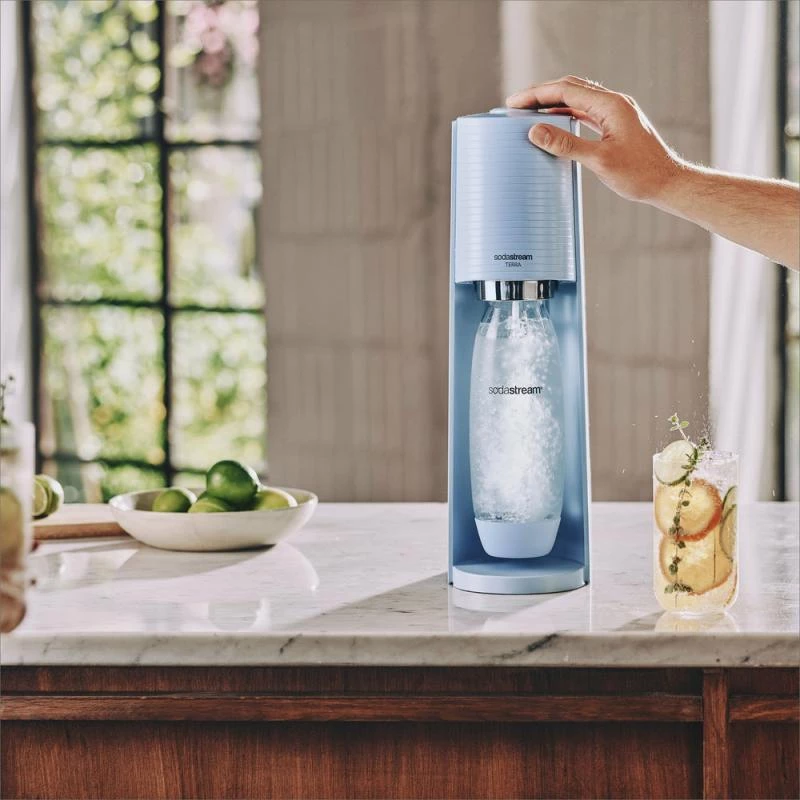 SodaStream gazuotas vandens aparatas Terra šviesiai mėlynas QC su CO2 balionėliu ir 1L PET buteliu