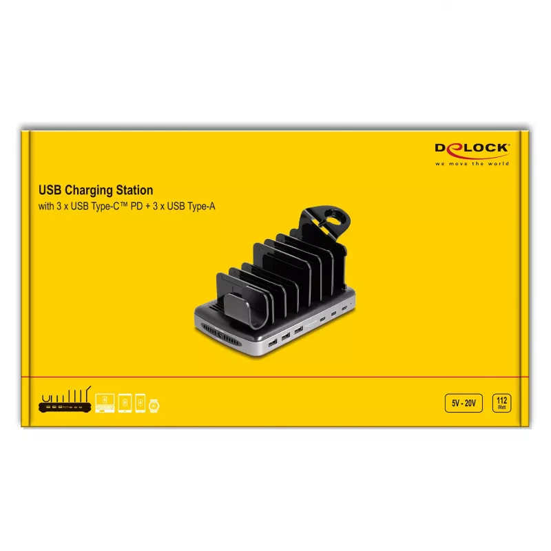 DeLOCK USB įkrovimo stotelė 3× USB Type-C PD 3× USB Type-A 112 W