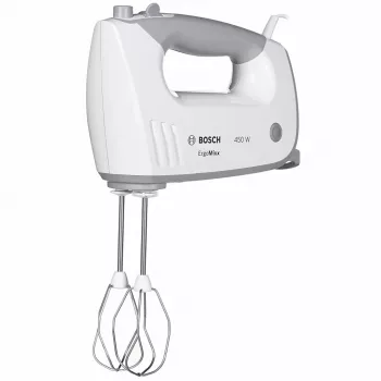 Rankinis plaktuvas Bosch MFQ36480 – 450 W, 5 greičių su turbo, pilkai baltas, plakikliai ir tešlos kabliukai