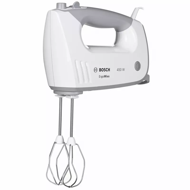 Rankinis plaktuvas Bosch MFQ36480 – 450 W, 5 greičių su turbo, pilkai baltas, plakikliai ir tešlos kabliukai
