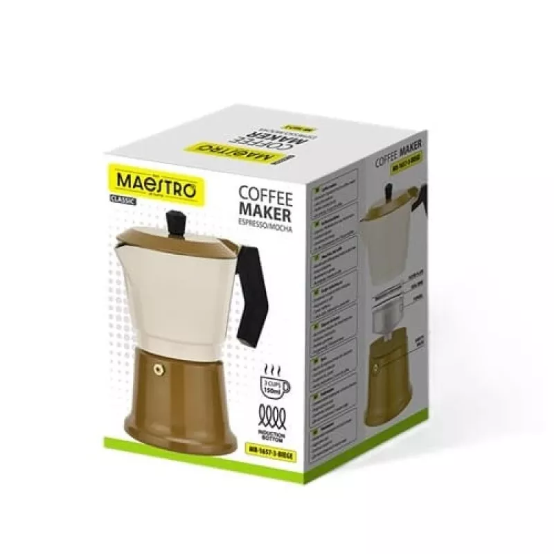 Aliumininis kavinukas Maestro MR-1657-3-BEIGE – 3 puodelių espreso virimo aparatas, smėlio spalvos