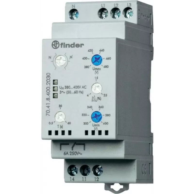 Finder tinklo įtampos stebėjimo relė 70.41.8.400.2030 3 fazių tinklo stebėjimas (380–415 V kintamoji), nulinio laidininko stebėjimas